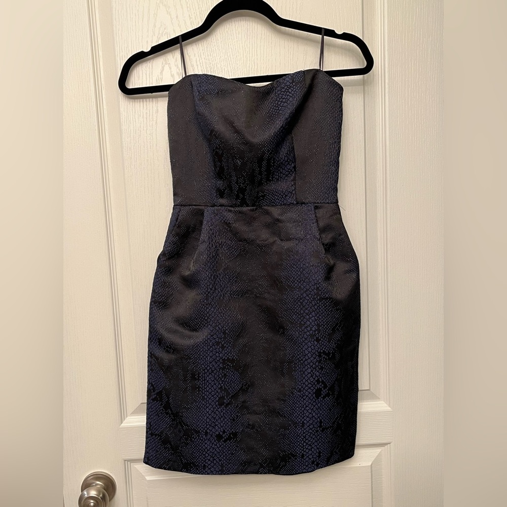 Black and blue sparkly strapless dress